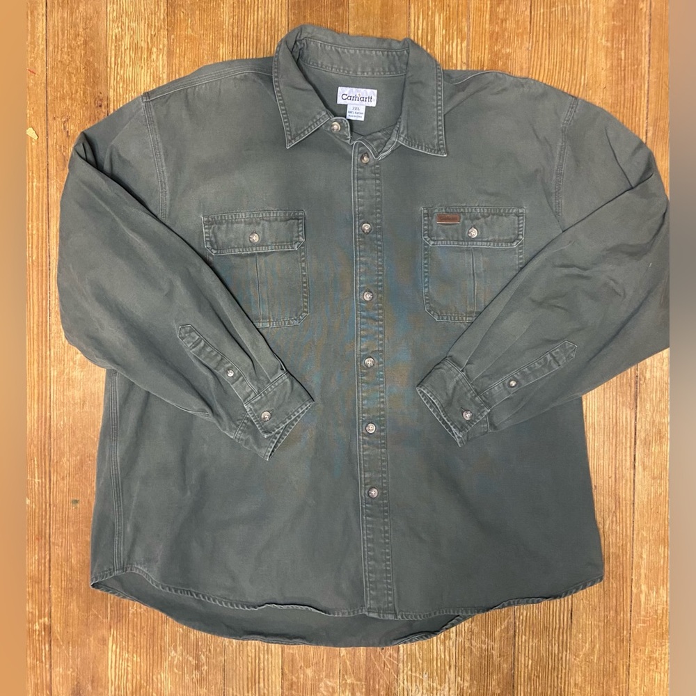 Carhart Work Wear button up long sleeve shirt men’s 2Xlarge Heavy Duty ArmyGreen
